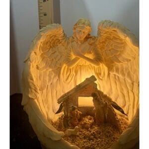 Lighted Angel Watching Over Holy Family Figurine Jesus Mary Joseph Nativity